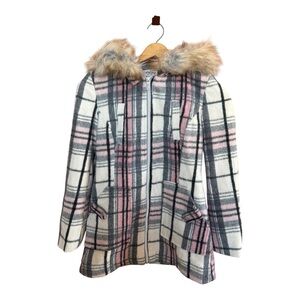 CoffeeShop Pink and Gray Plaid Kids Pea Coat with Faux Fur Hood
